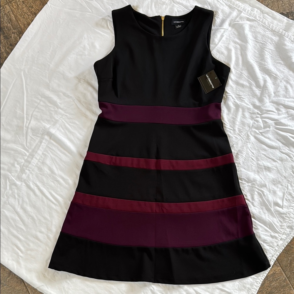 Liz Claiborne Black and Maroon Sleeveless Sheath Midi Dress